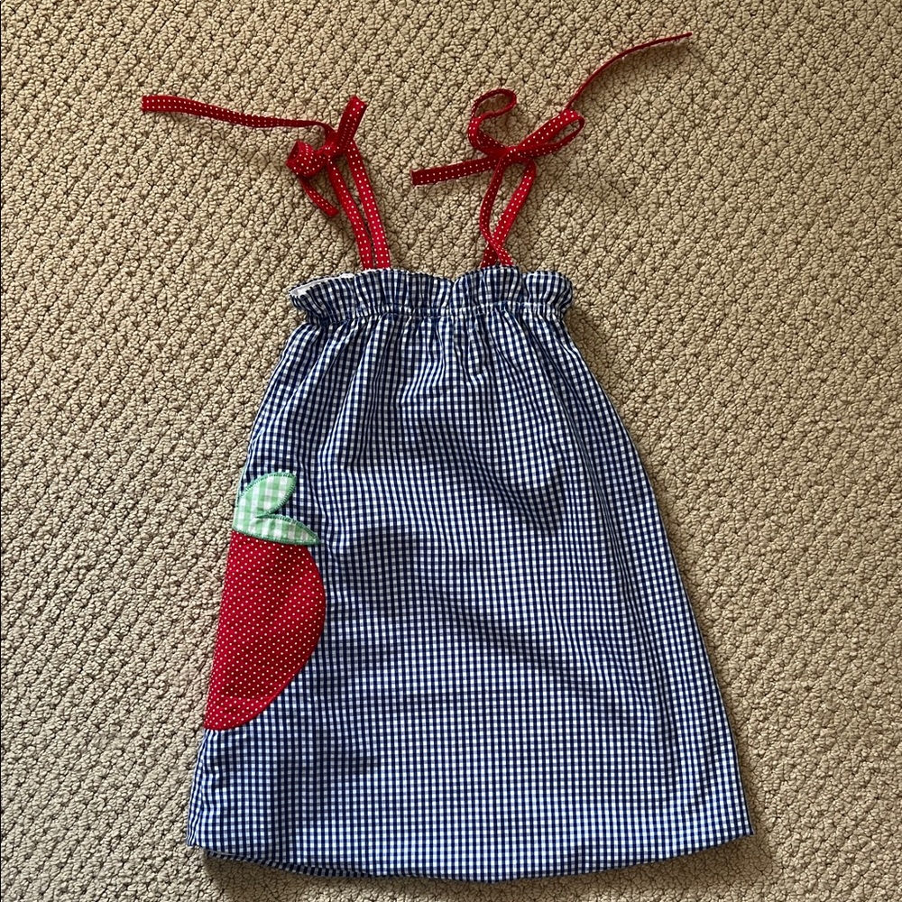 The Beaufort Bonnet Company Blue Gingham Dress with Red Apple